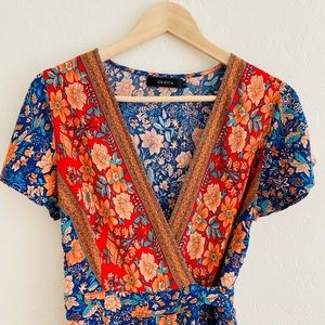 Floral Boho Blue Red Orange V-Neck Maxi Wrap Dress Small